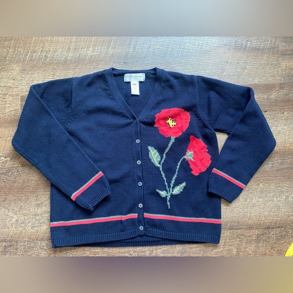 JONES NEW YORK SPORT vintage 90s cardigan navy red poppies floral sz M cottage - Picture 9 of 13